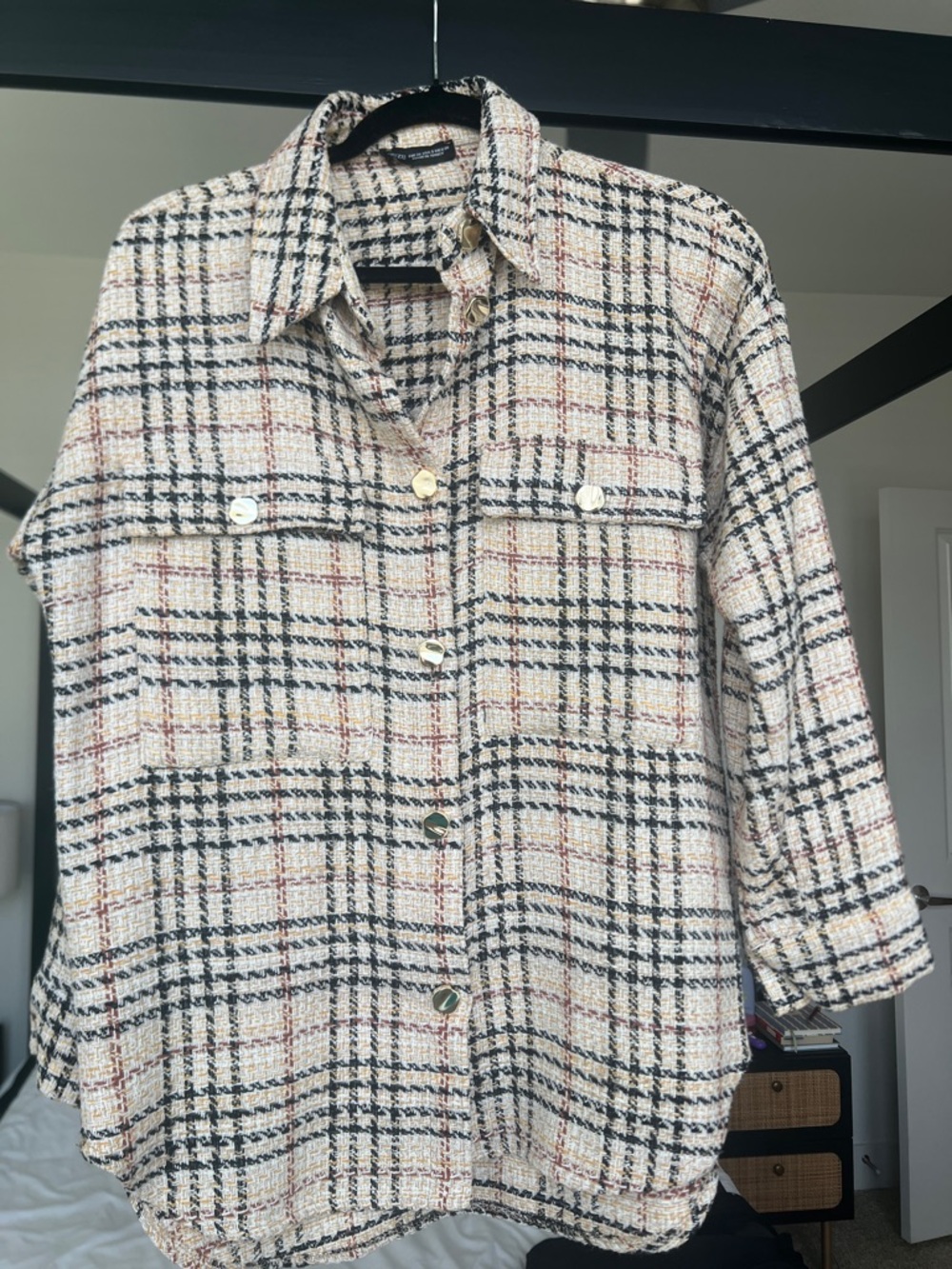 Checked Tweed Button-Up Shirt Jacket in Ivory and Black
